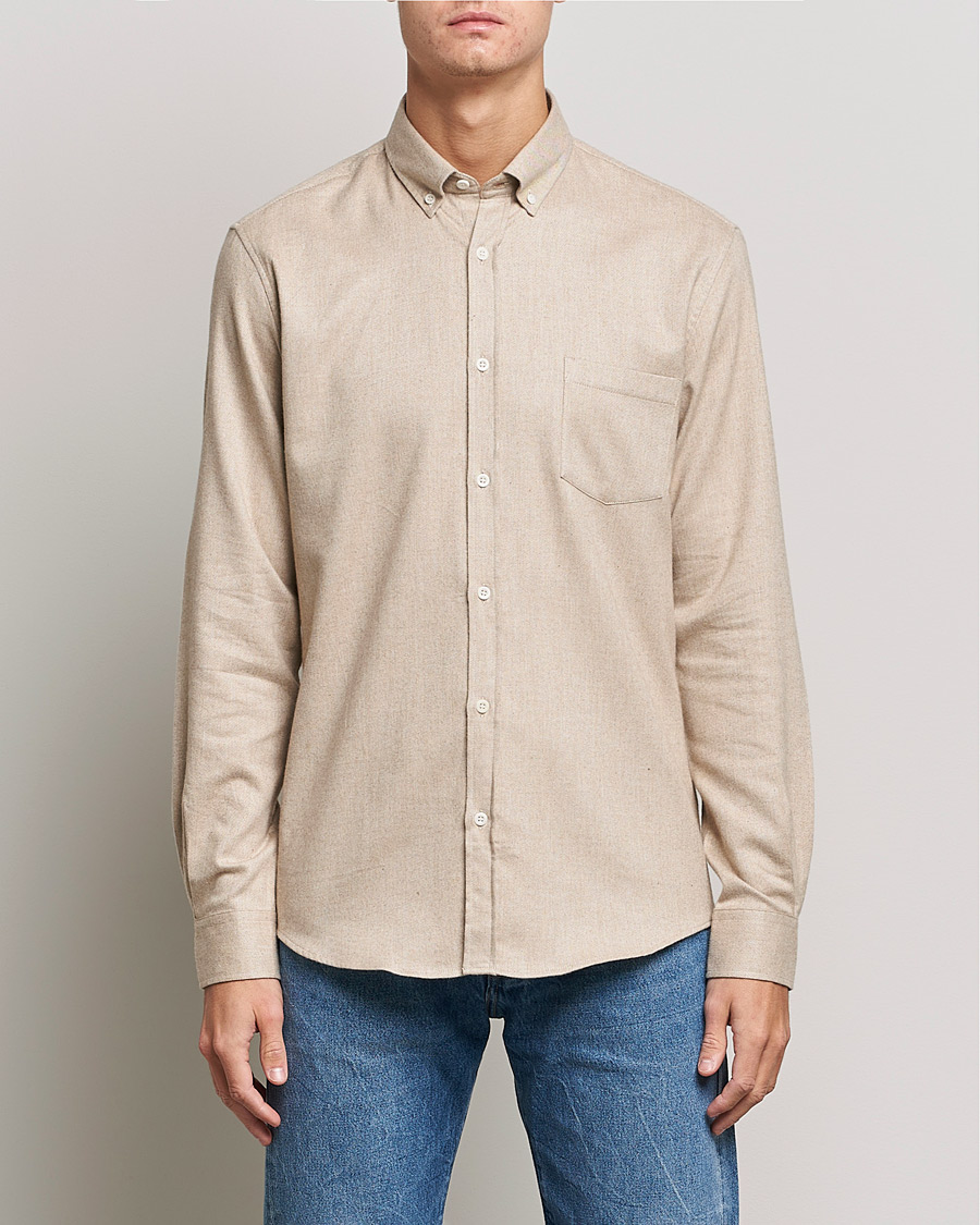 Mies | Kauluspaidat | Sunspel | Brushed Cotton Flannel Shirt Oatmeal Melange