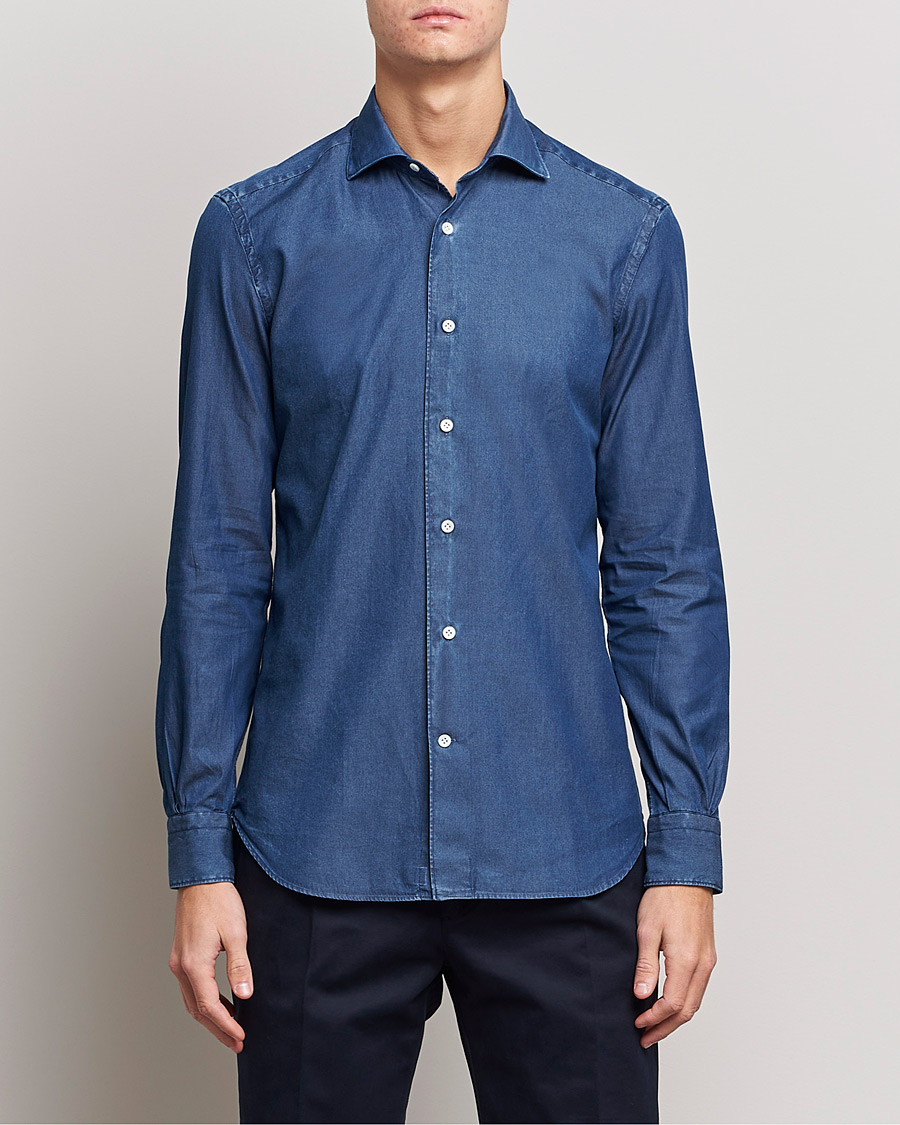 Mies | Kauluspaidat | Mazzarelli | Soft Denim Shirt Dark Indigo