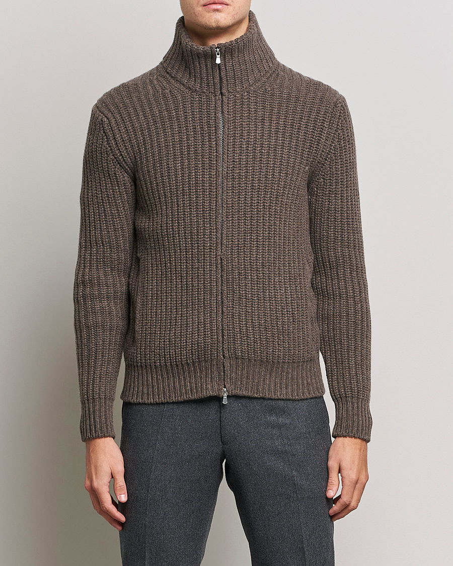 Mies | Puserot | Gran Sasso | Heavy Wool/Cashmere Full Zip Brown