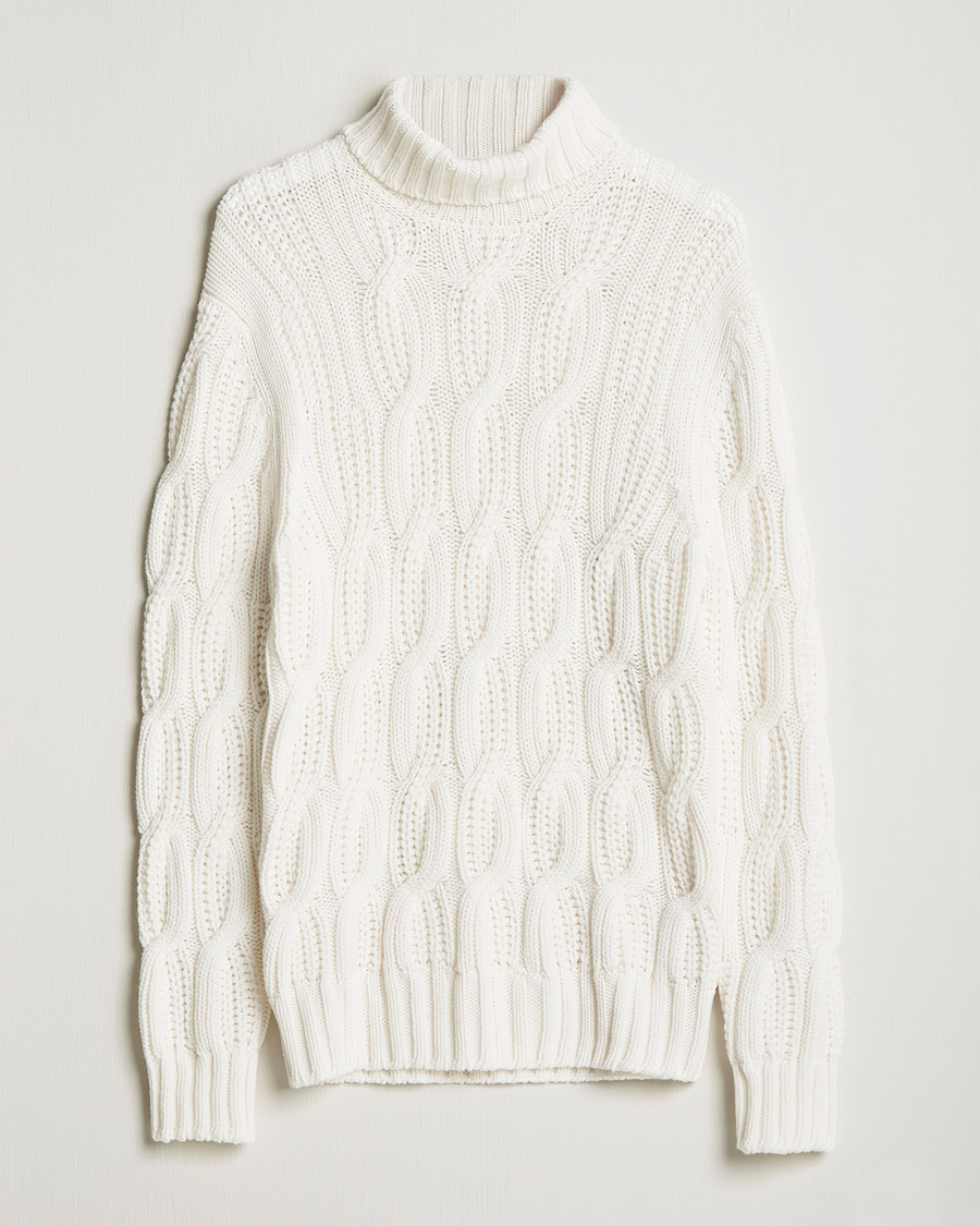 Mies | Puserot | Gran Sasso | Cable Knitted Wool/Cashmere Roll Neck Off White