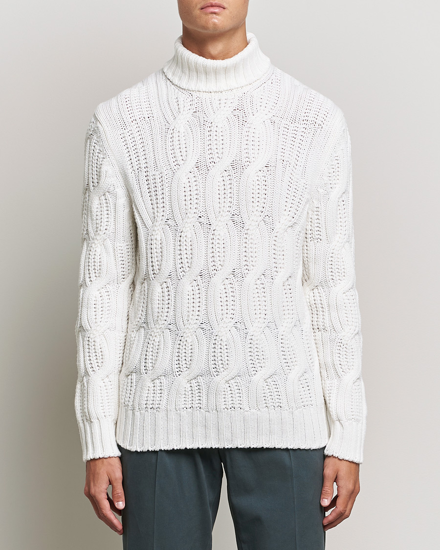 Mies |  | Gran Sasso | Cable Knitted Wool/Cashmere Roll Neck Off White