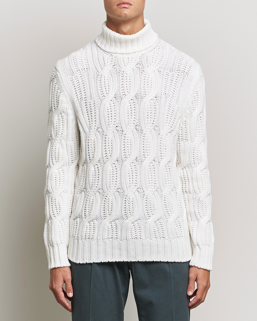 Mies | Puserot | Gran Sasso | Cable Knitted Wool/Cashmere Roll Neck Off White
