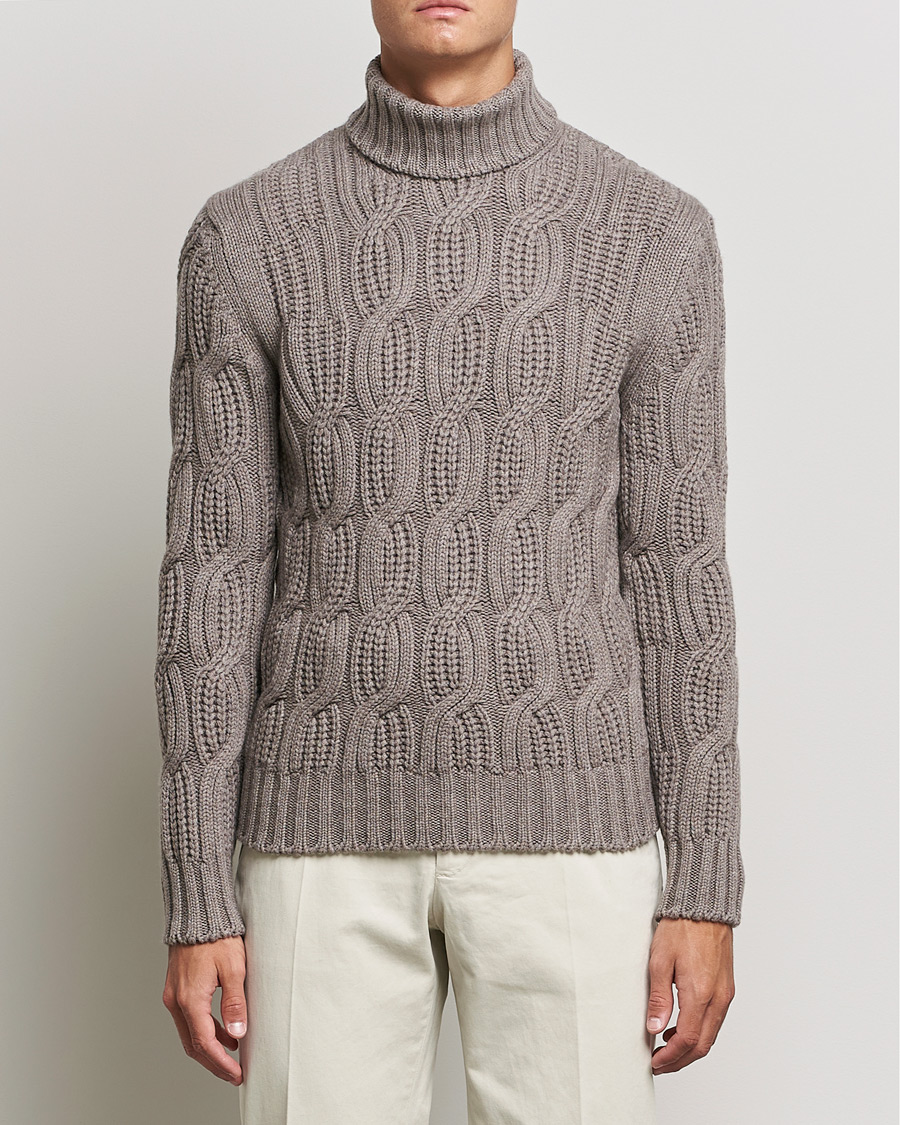 Mies |  | Gran Sasso | Cable Knitted Wool/Cashmere Roll Neck Brown