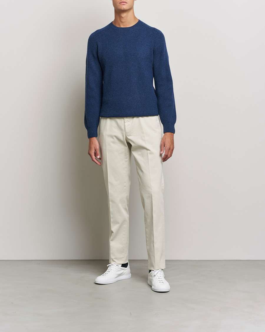 Mies | Puserot | Gran Sasso | Knitted Wool/Cashmere Structure Crewneck Navy