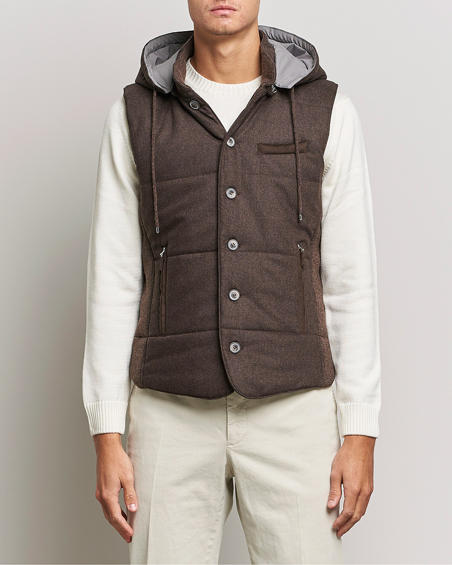 Mies | Puserot | Gran Sasso | Wool Flannel Hooded Vest Brown