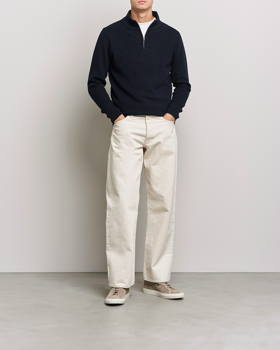 Mies | Puserot | Merz b. Schwanen | Merino Wool Half Zip Dark Navy