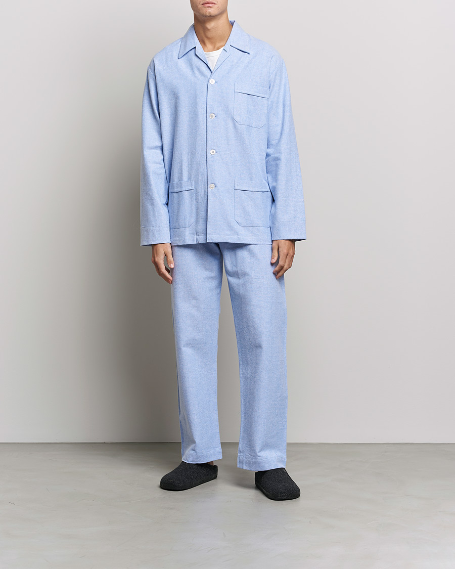 Mies |  | Derek Rose | Brushed Cotton Flannel Herringbone Pyjama Set Blue