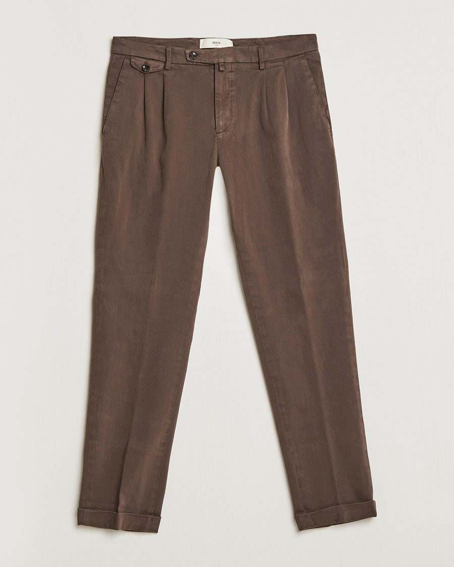Mies | Housut | Briglia 1949 | Easy Fit Pleated Cotton Stretch Chino Coffe Brown