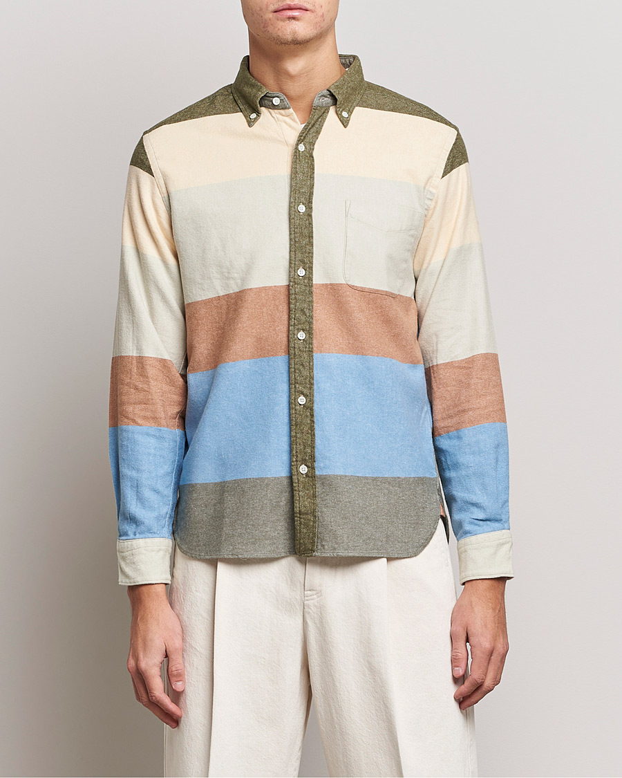 Mies | Preppy Authentic | BEAMS PLUS | Flannel Multi Stripe Shirt Olive/Cream