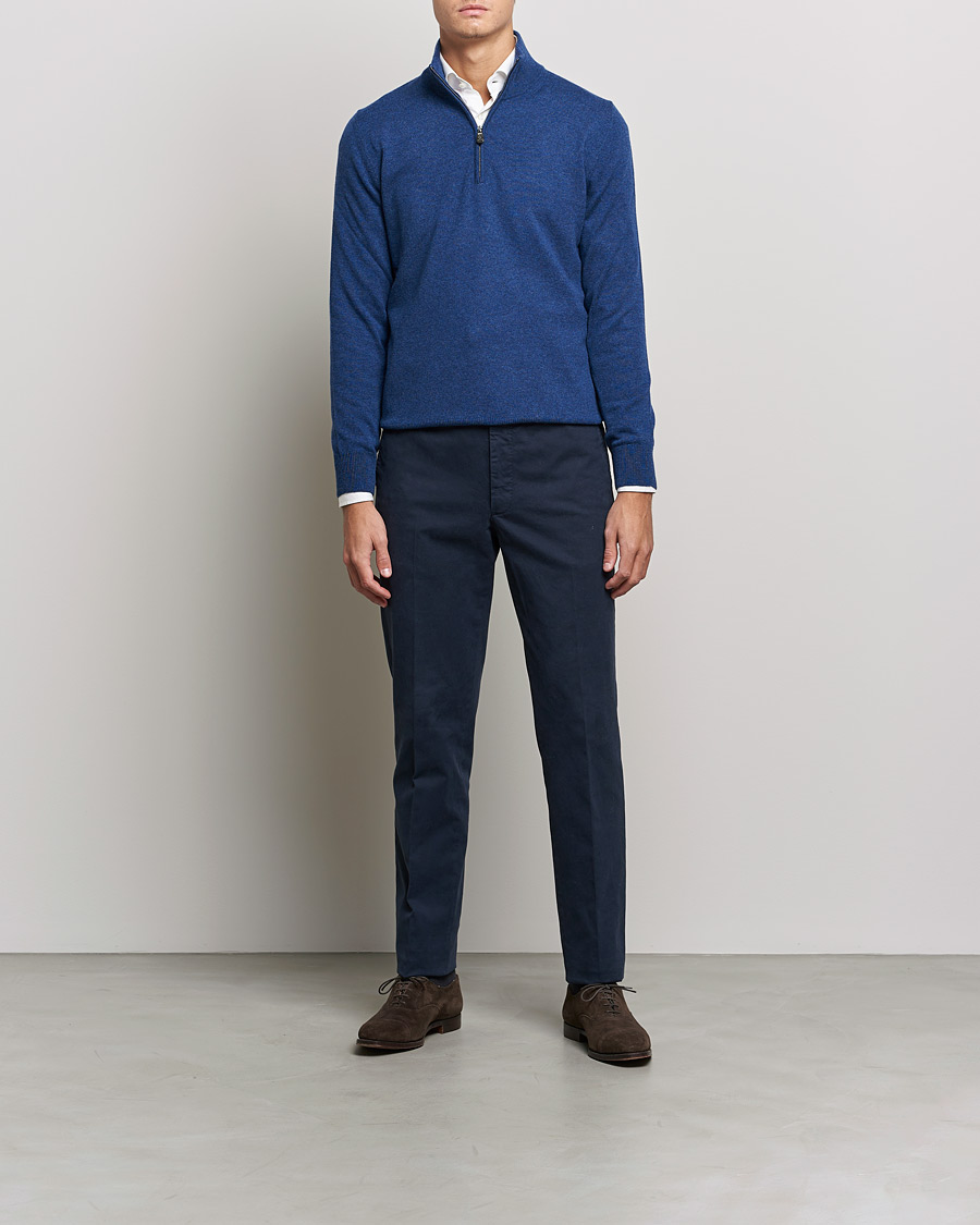 Mies | Puserot | Piacenza Cashmere | Cashmere Half Zip Sweater Indigo Blue