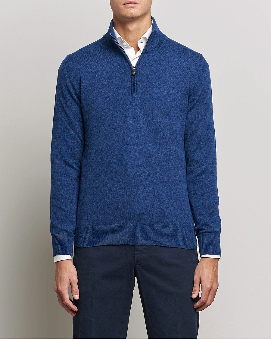 Mies | Kashmirneuleet | Piacenza Cashmere | Cashmere Half Zip Sweater Indigo Blue