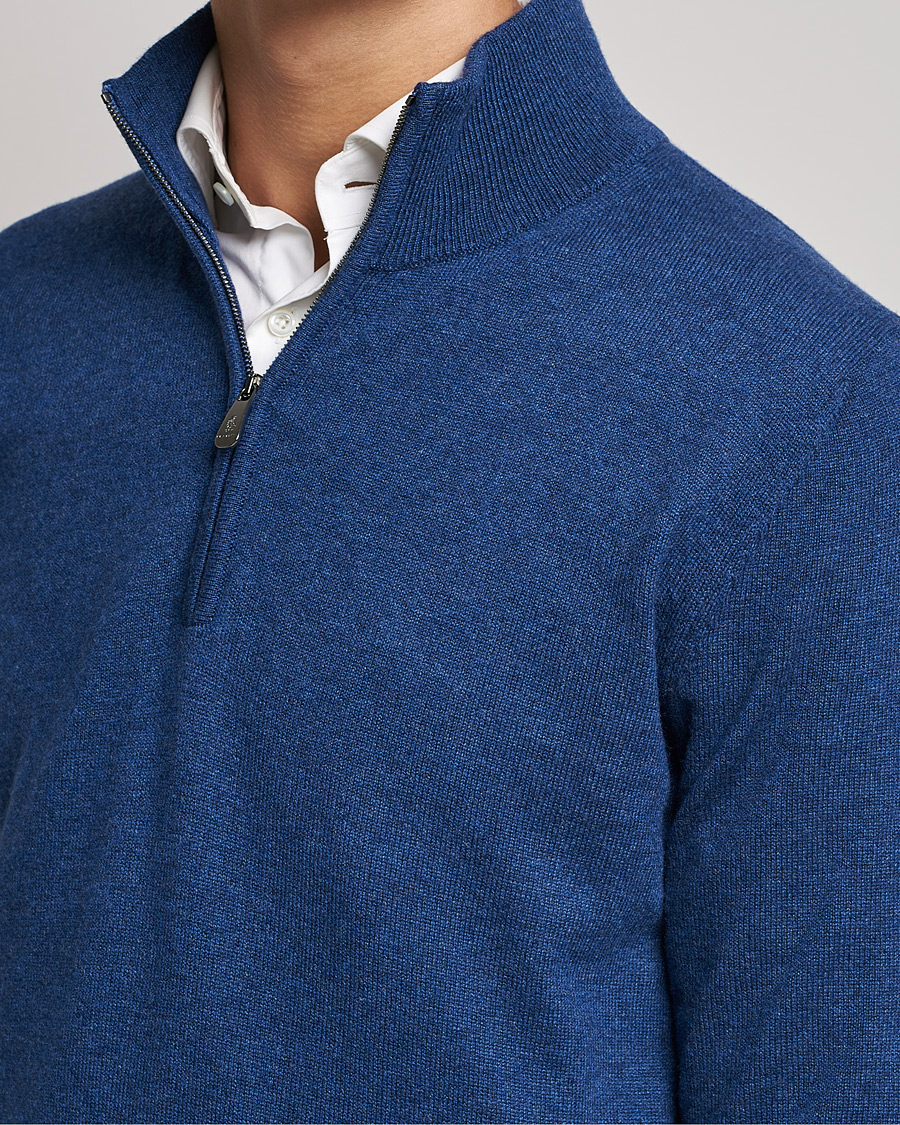 Mies | Puserot | Piacenza Cashmere | Cashmere Half Zip Sweater Indigo Blue