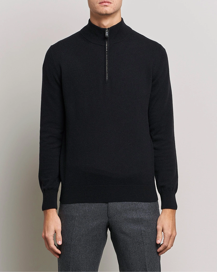 Mies | Kashmirneuleet | Piacenza Cashmere | Cashmere Half Zip Sweater Black
