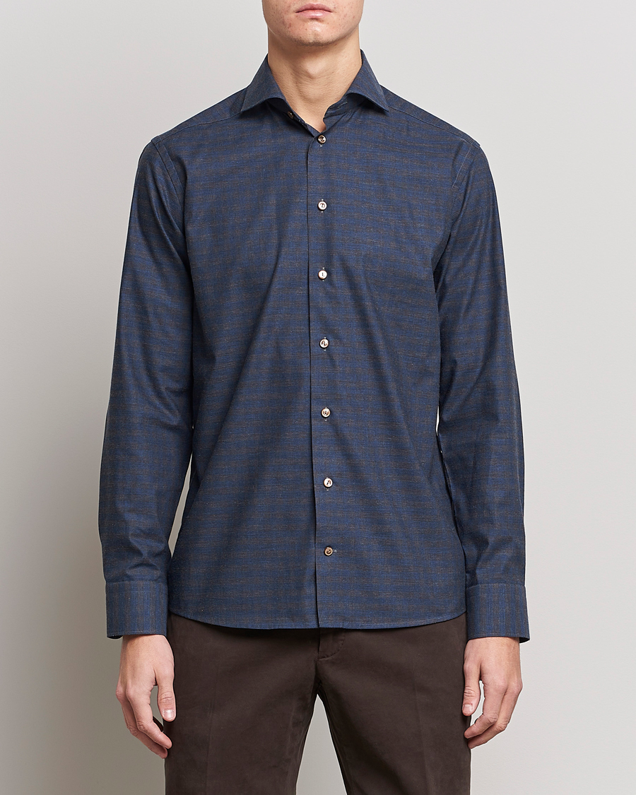 Mies | Kauluspaidat | Eton | Fine Twill Melange Shirt Navy Blue Checked