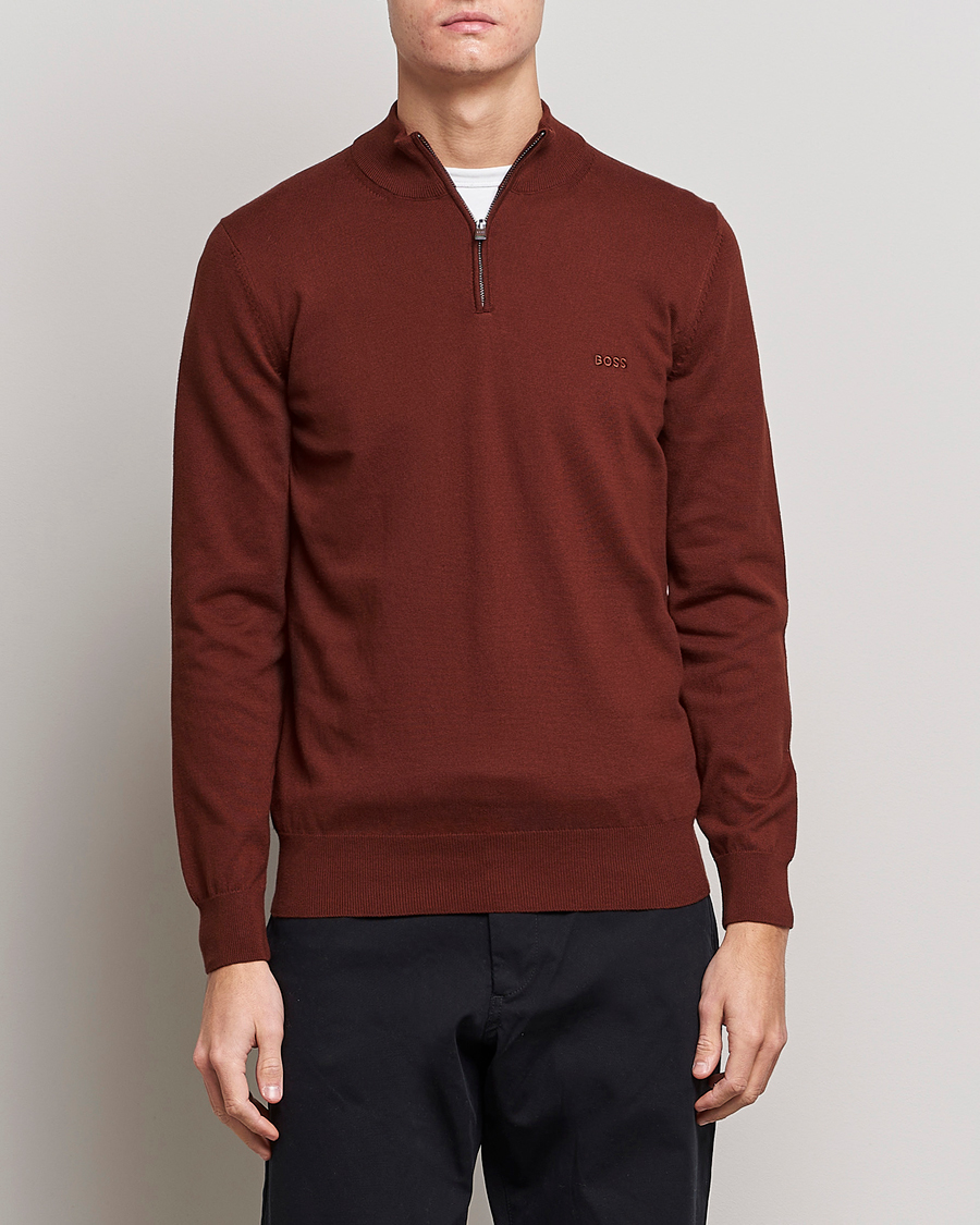 Mies | Puserot | BOSS BLACK | Padro Merino Knitted Half Zip Medium Brown