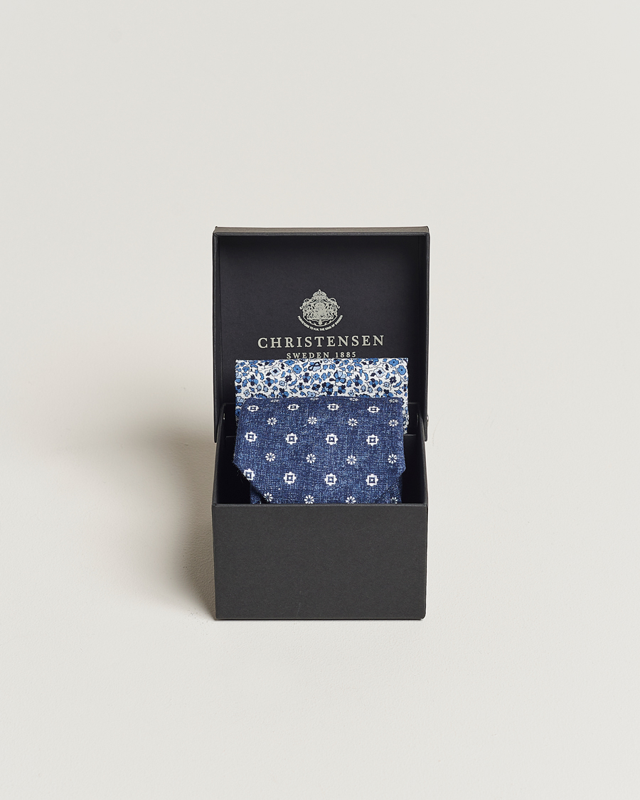 Mies | Solmiot | Amanda Christensen | Box Set Printed Linen 8cm Tie With Pocket Square Navy