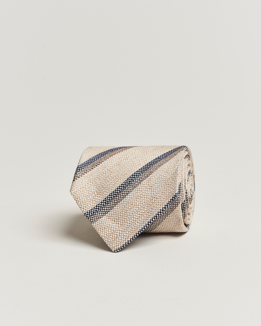 Mies | Amanda Christensen Silk/Linen Striped 8cm Tie Natural | Amanda Christensen | Silk/Linen Striped 8cm Tie Natural