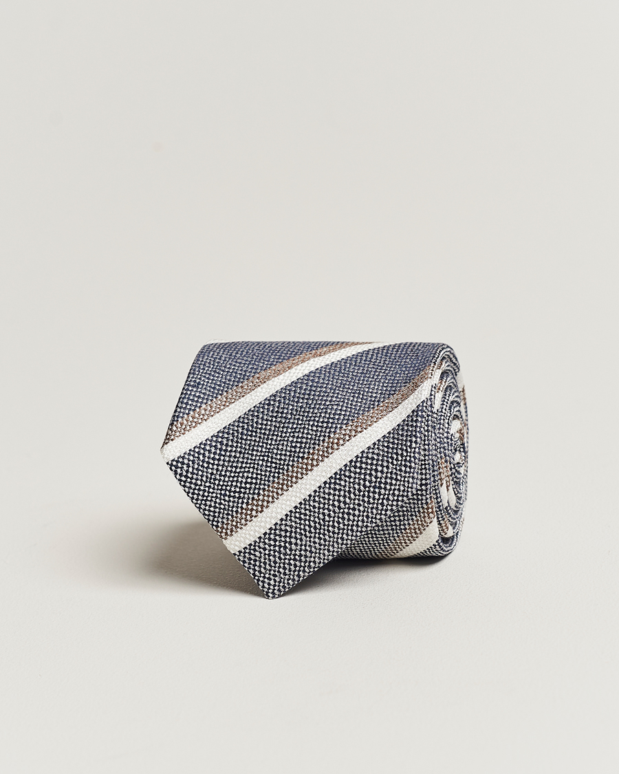 Mies | Amanda Christensen Silk/Linen Striped 8cm Tie Navy | Amanda Christensen | Silk/Linen Striped 8cm Tie Navy