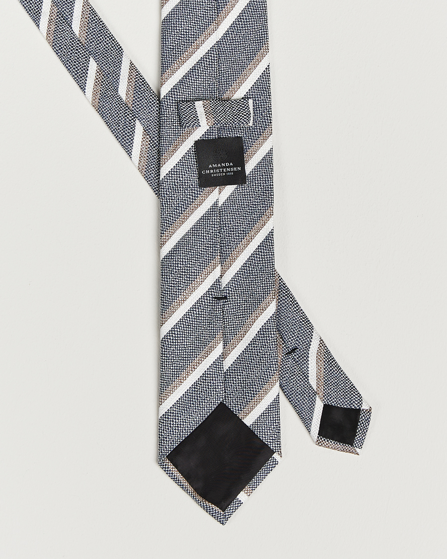 Mies | Amanda Christensen Silk/Linen Striped 8cm Tie Navy | Amanda Christensen | Silk/Linen Striped 8cm Tie Navy