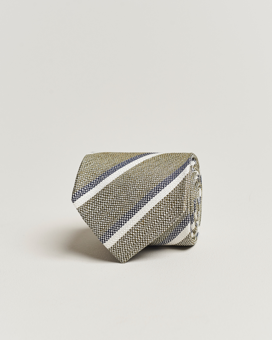 Mies | Amanda Christensen Silk/Linen Striped 8cm Tie Olive | Amanda Christensen | Silk/Linen Striped 8cm Tie Olive