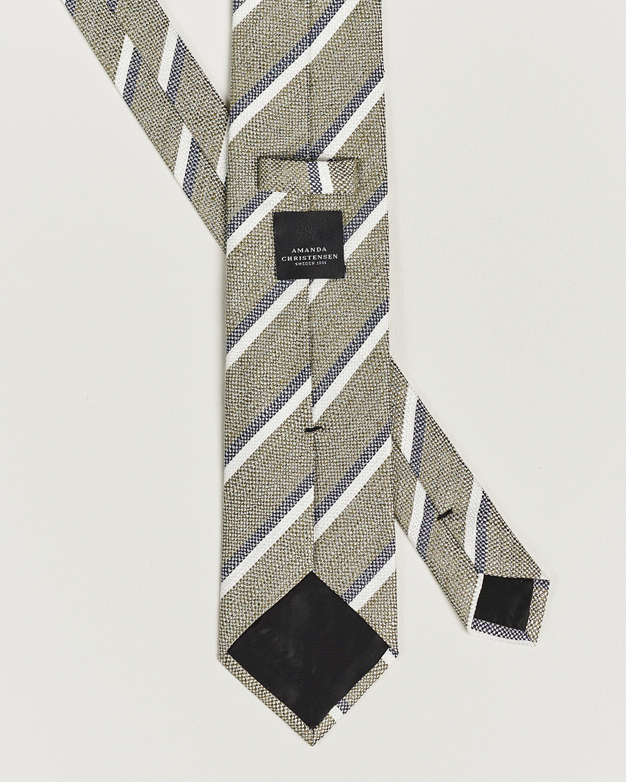 Mies | Amanda Christensen Silk/Linen Striped 8cm Tie Olive | Amanda Christensen | Silk/Linen Striped 8cm Tie Olive