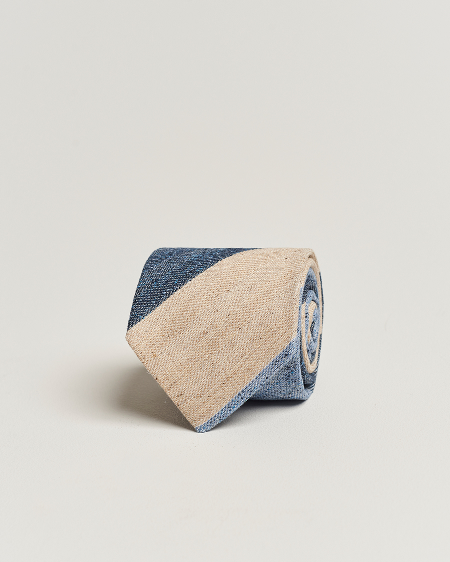 Mies | Amanda Christensen Silk/Linen/Cotton Block Striped 8cm Tie Navy/Blue/Beige | Amanda Christensen | Silk/Linen/Cotton Block Striped 8cm Tie Navy/Blue/Beige