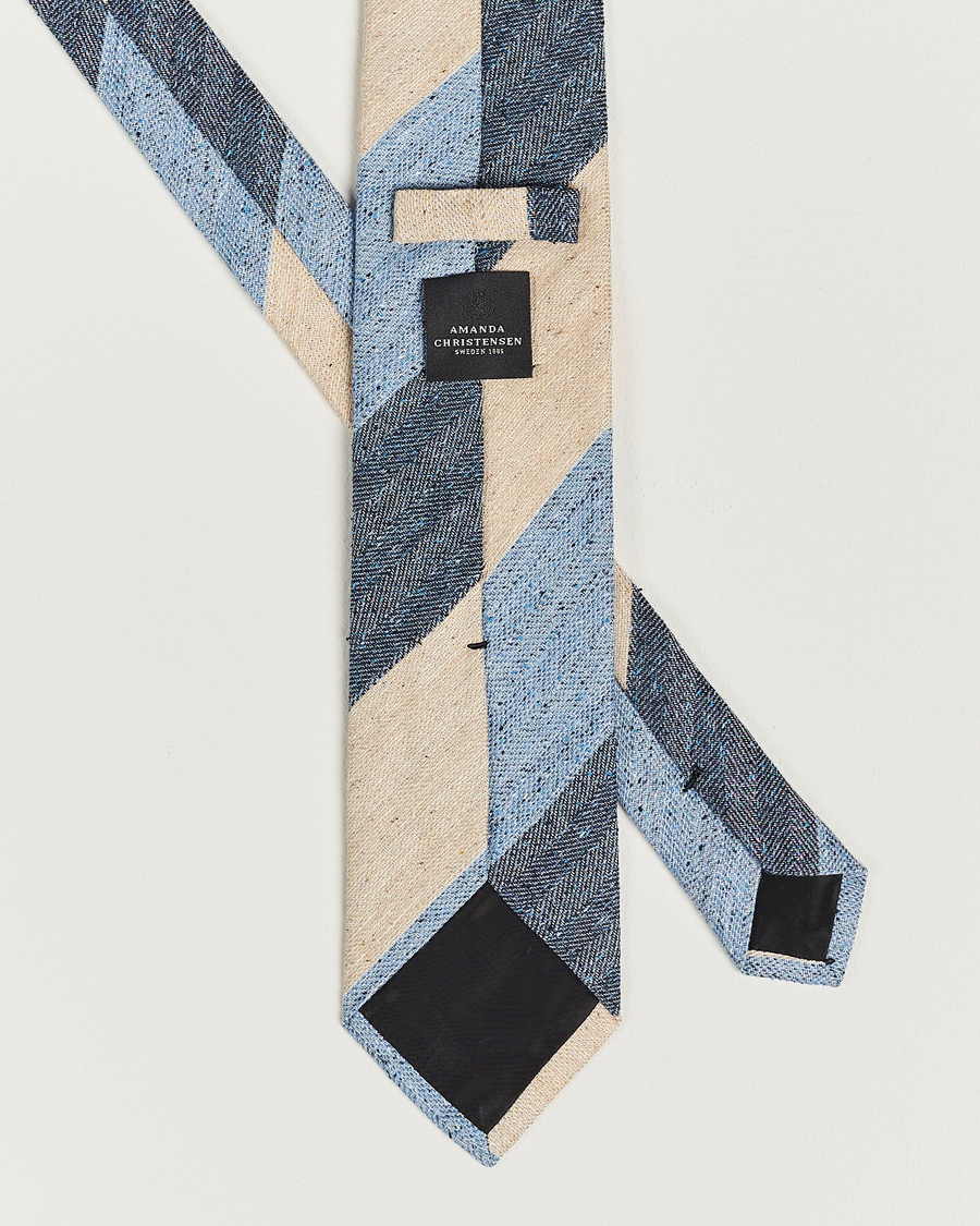 Mies | Amanda Christensen Silk/Linen/Cotton Block Striped 8cm Tie Navy/Blue/Beige | Amanda Christensen | Silk/Linen/Cotton Block Striped 8cm Tie Navy/Blue/Beige