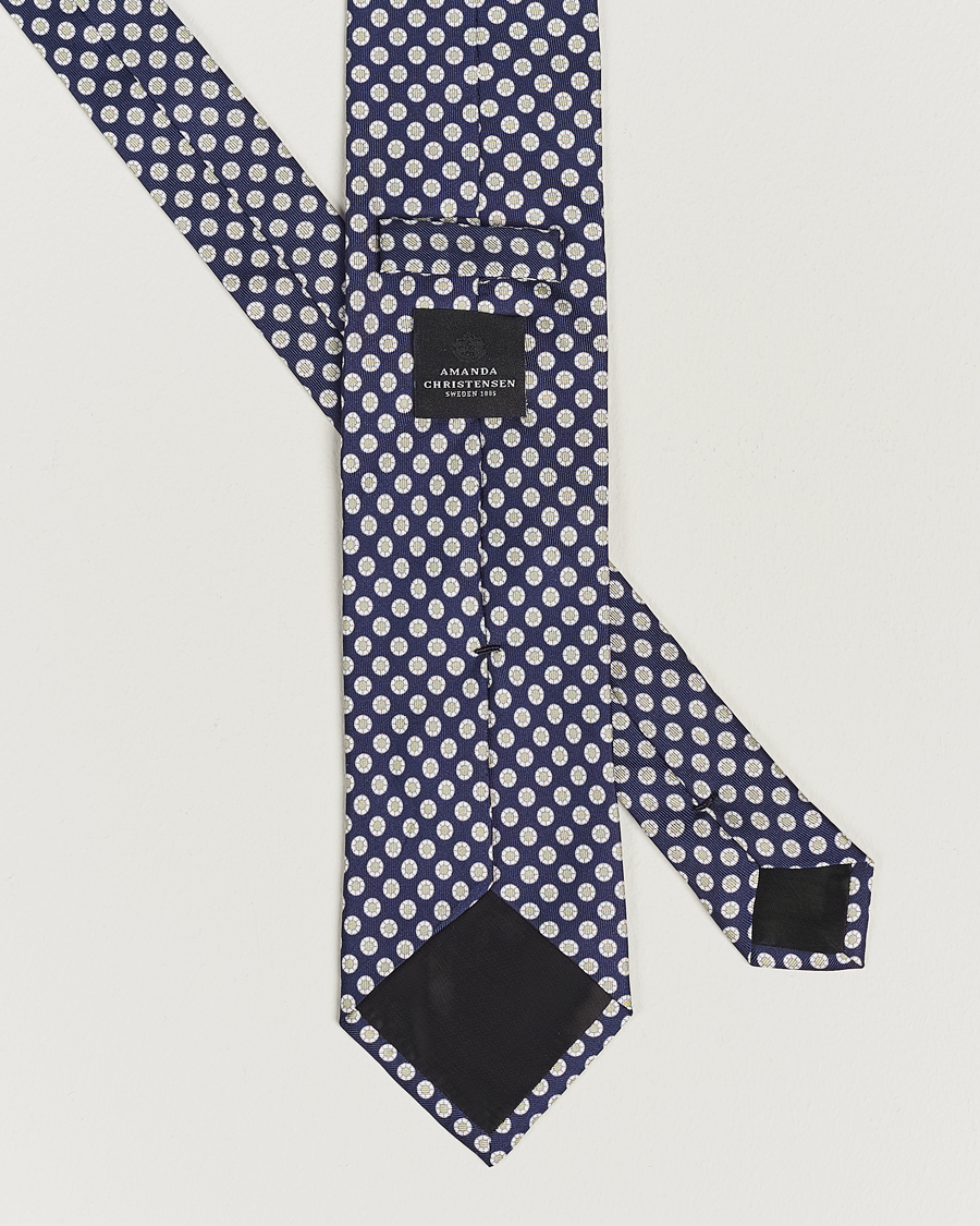 Mies | Amanda Christensen Silk Twill Printed 8cm Tie Navy/Green | Amanda Christensen | Silk Twill Printed 8cm Tie Navy/Green