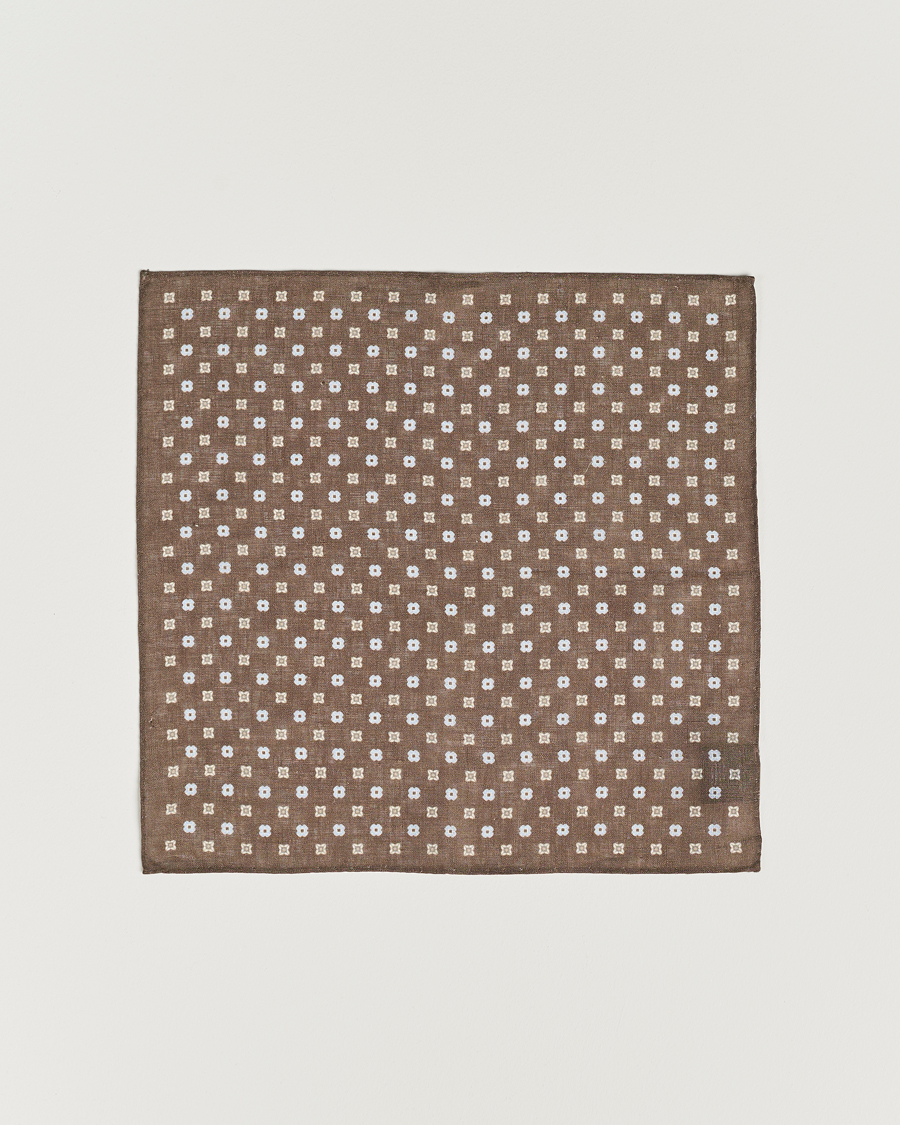 Mies | Amanda Christensen Linen Printed Flower Pocket Square Brown | Amanda Christensen | Linen Printed Flower Pocket Square Brown