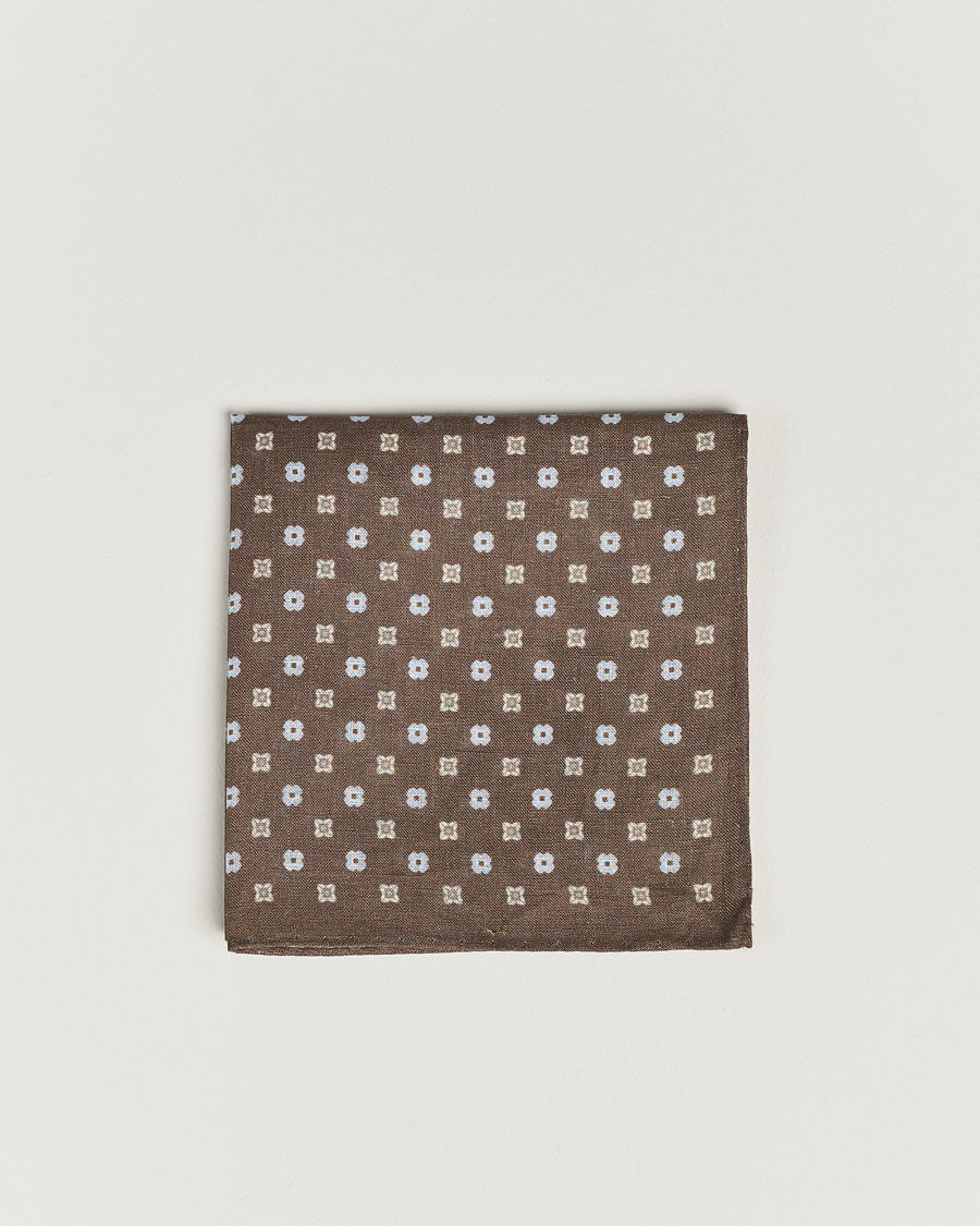 Mies | Amanda Christensen Linen Printed Flower Pocket Square Brown | Amanda Christensen | Linen Printed Flower Pocket Square Brown