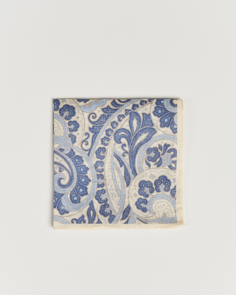 Mies | Amanda Christensen Linen Printed Large Paisley Pocket Square Cream | Amanda Christensen | Linen Printed Large Paisley Pocket Square Cream