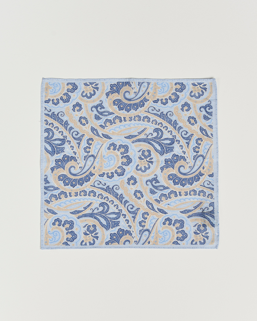 Mies | Amanda Christensen Linen Printed Large Paisley Pocket Square Blue | Amanda Christensen | Linen Printed Large Paisley Pocket Square Blue