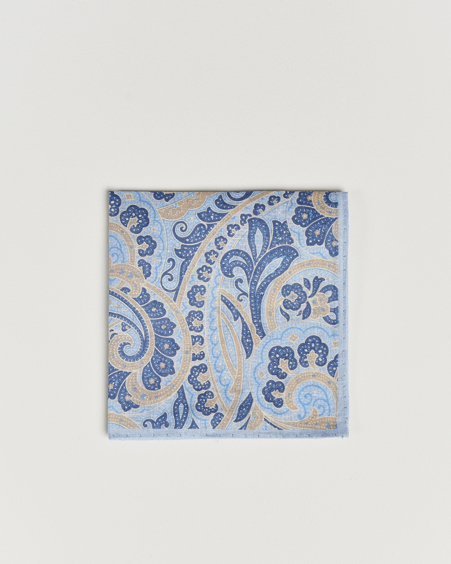 Mies | Amanda Christensen Linen Printed Large Paisley Pocket Square Blue | Amanda Christensen | Linen Printed Large Paisley Pocket Square Blue