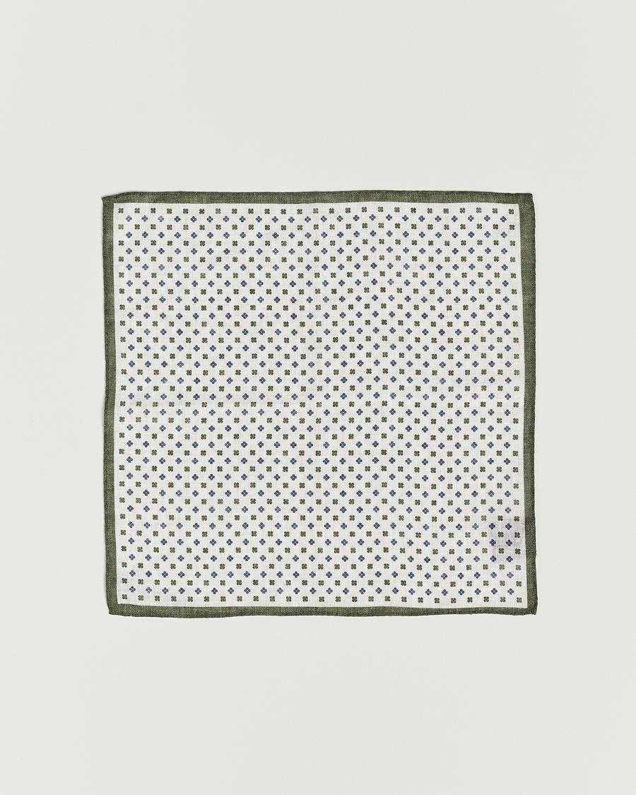 Mies | Amanda Christensen Linen Paspoal Printed Flower Pocket Square White/Green | Amanda Christensen | Linen Paspoal Printed Flower Pocket Square White/Green