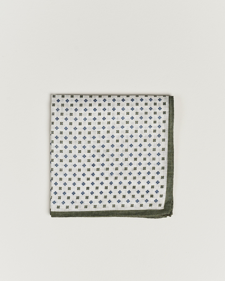 Mies | Amanda Christensen Linen Paspoal Printed Flower Pocket Square White/Green | Amanda Christensen | Linen Paspoal Printed Flower Pocket Square White/Green