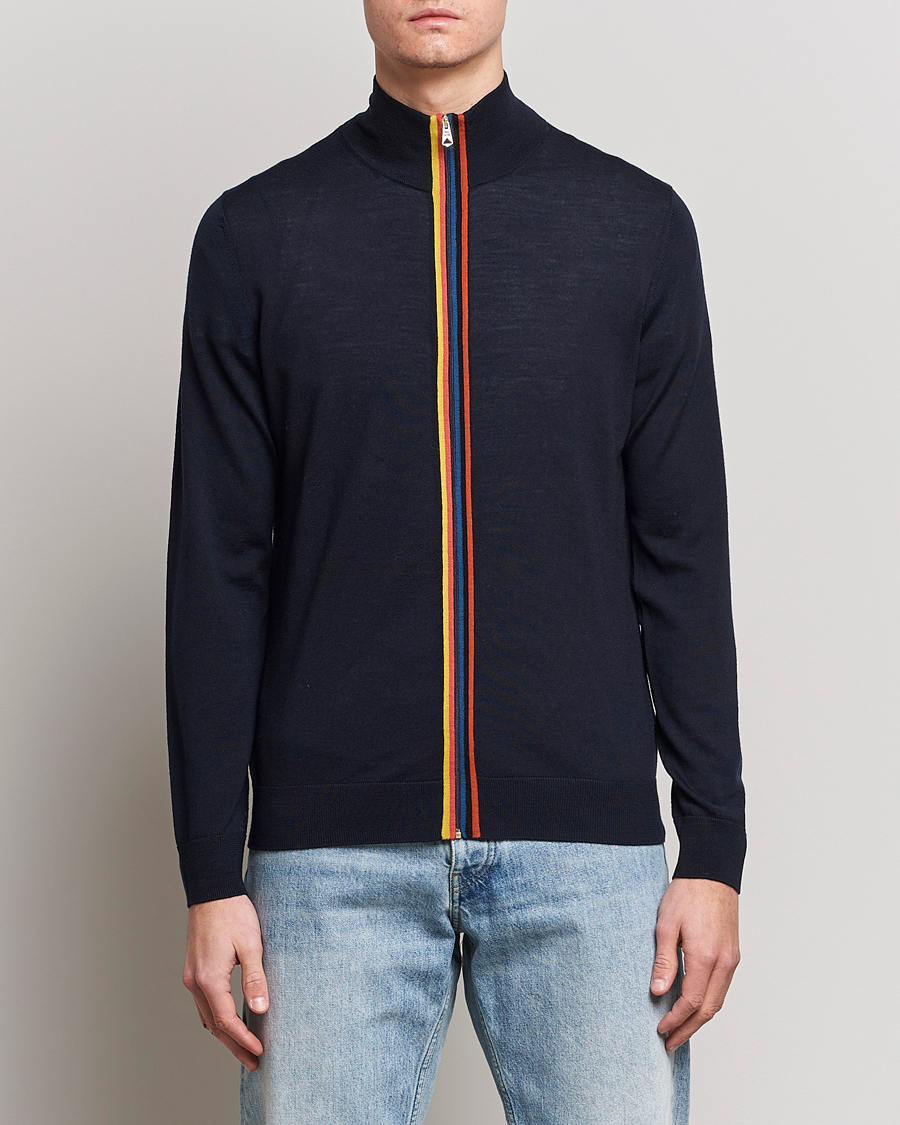 Mies |  | Paul Smith | Full Zip Stripe Wool Cardigan Navy