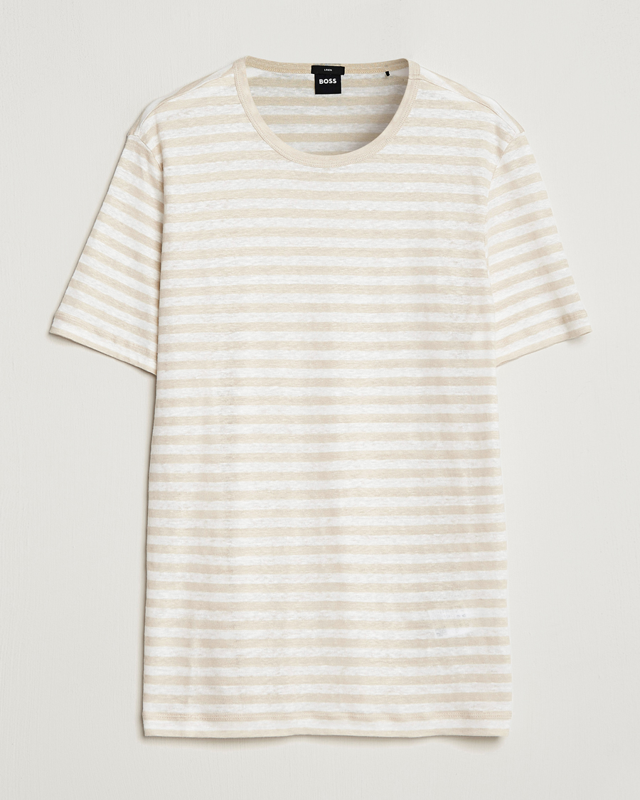 Mies | T-paidat | BOSS BLACK | Tiburt Striped Linen Crew Neck T-Shirt Open White