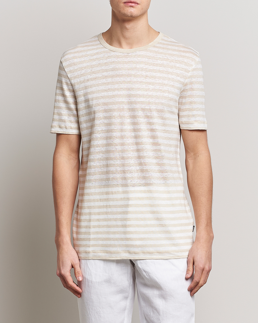 Mies | T-paidat | BOSS BLACK | Tiburt Striped Linen Crew Neck T-Shirt Open White