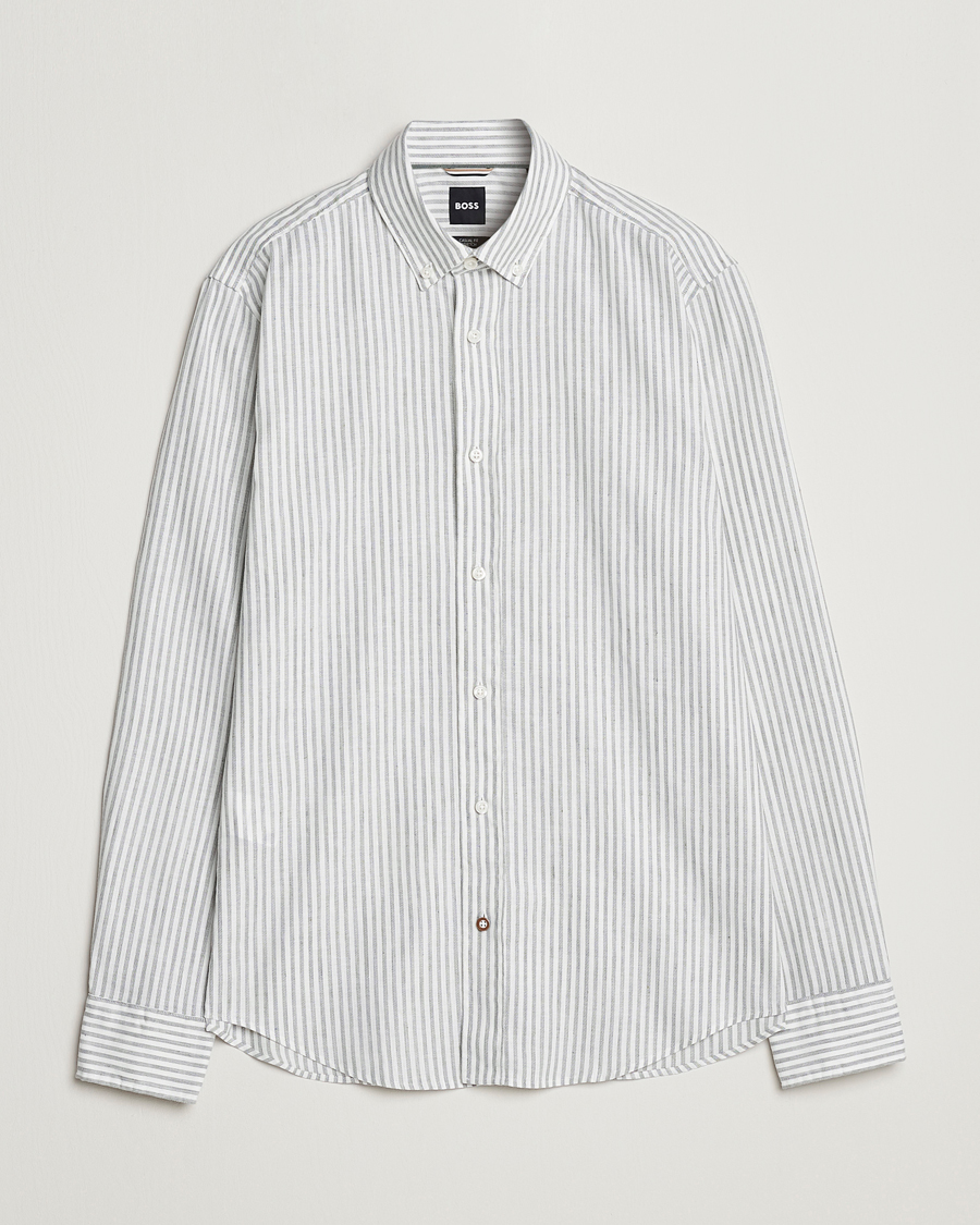Mies | Kauluspaidat | BOSS BLACK | Hal Cotton/Linen Striped Shirt Open Green