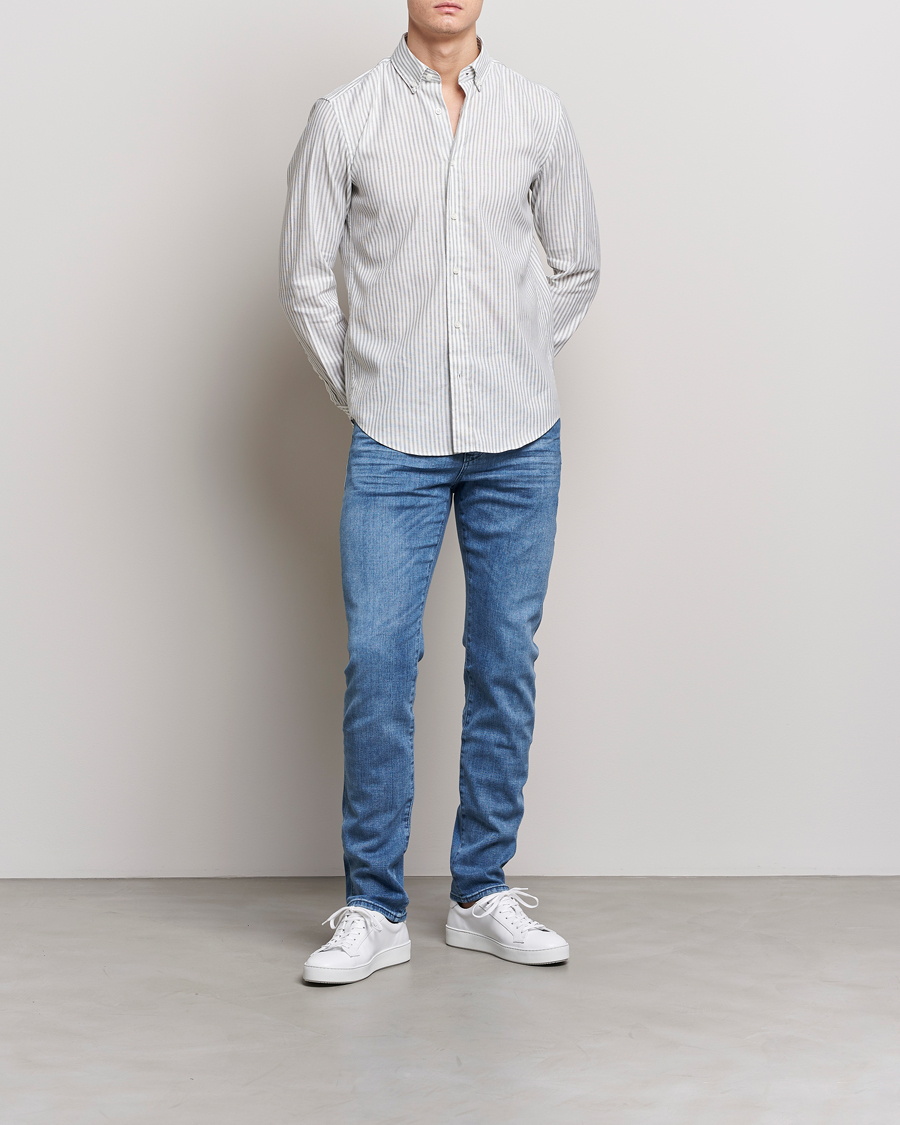 Mies | Kauluspaidat | BOSS BLACK | Hal Cotton/Linen Striped Shirt Open Green