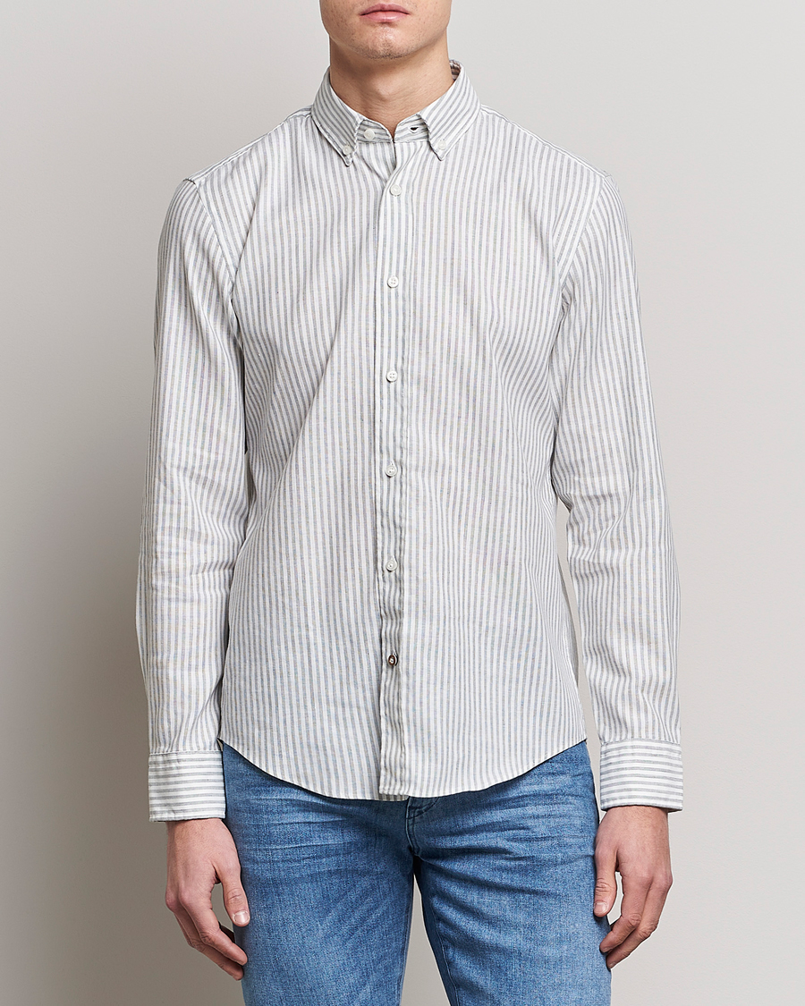 Mies | Rennot paidat | BOSS BLACK | Hal Cotton/Linen Striped Shirt Open Green