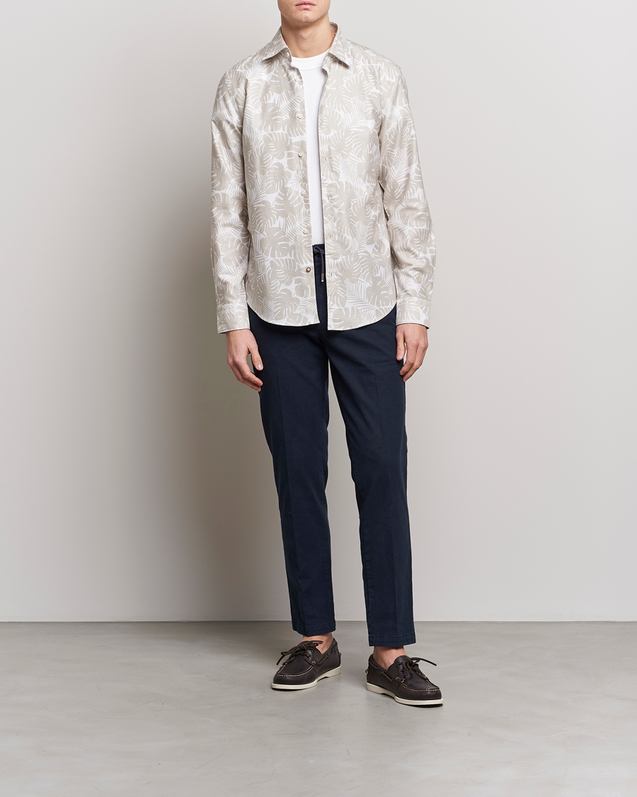 Mies | Kauluspaidat | BOSS BLACK | Hal Cotton/Linen Flower Shirt Light Beige