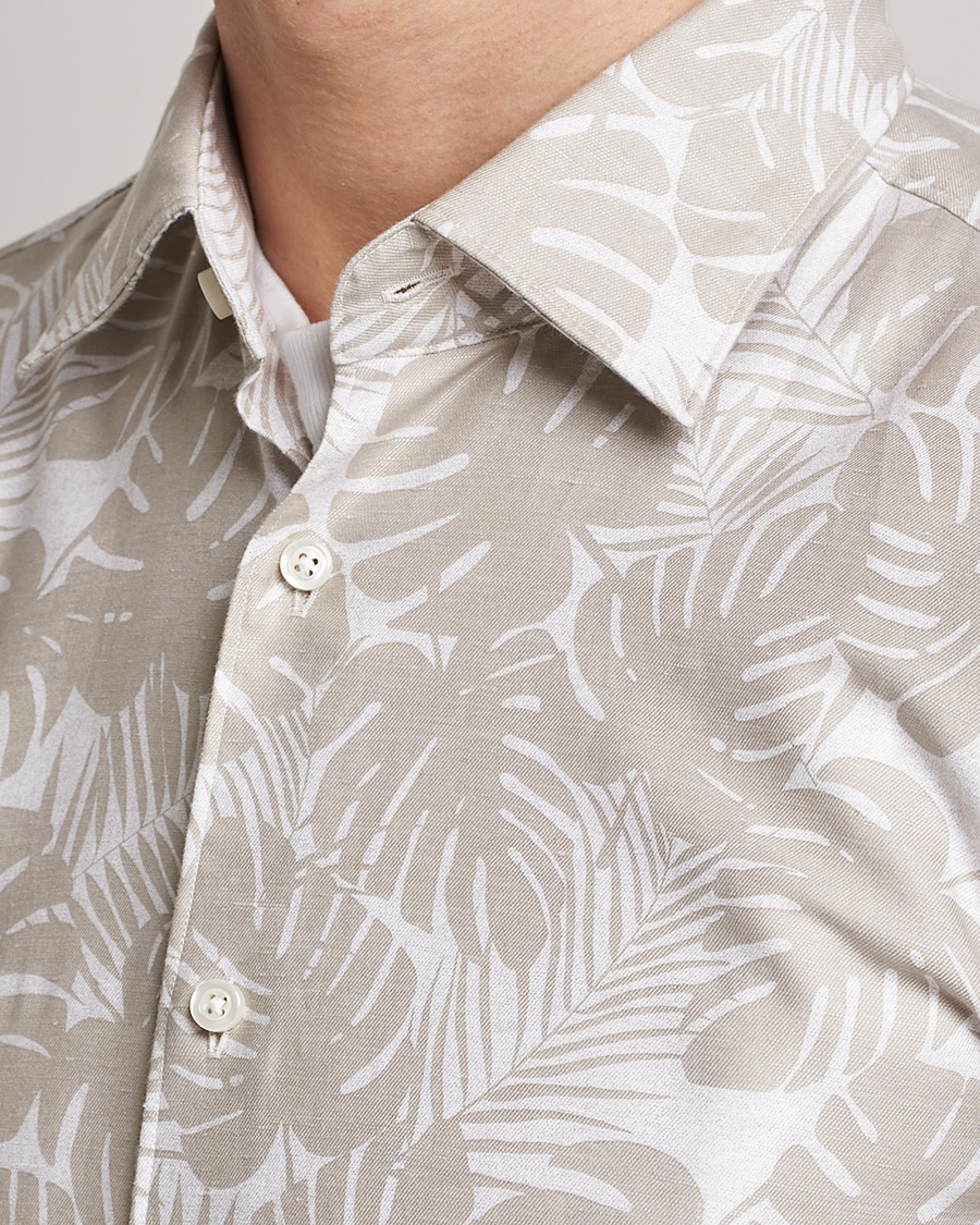Mies | Kauluspaidat | BOSS BLACK | Hal Cotton/Linen Flower Shirt Light Beige