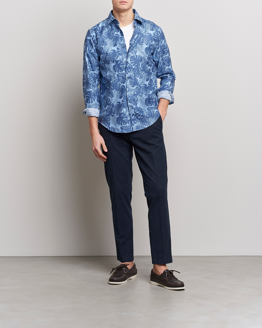 Mies | Kauluspaidat | BOSS BLACK | Hal Cotton/Linen Flower Shirt Open Blue