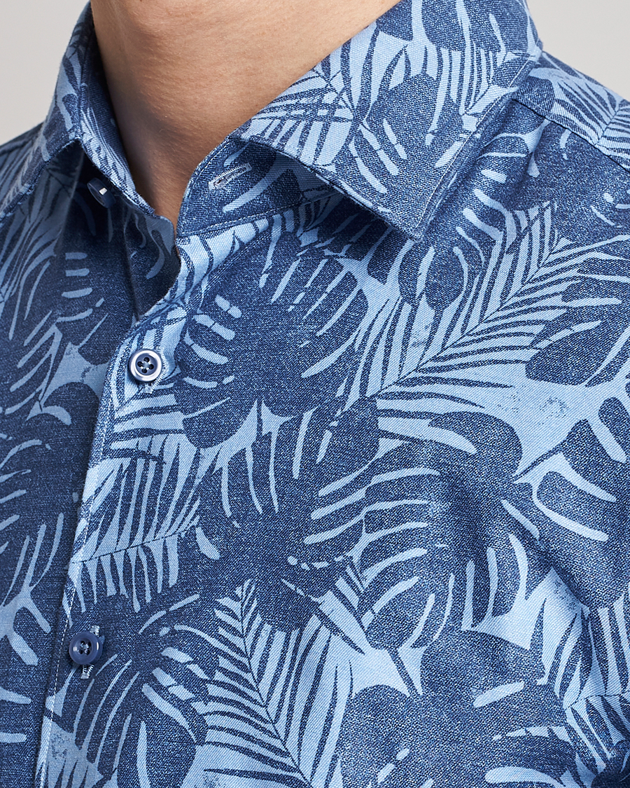 Mies | Kauluspaidat | BOSS BLACK | Hal Cotton/Linen Flower Shirt Open Blue