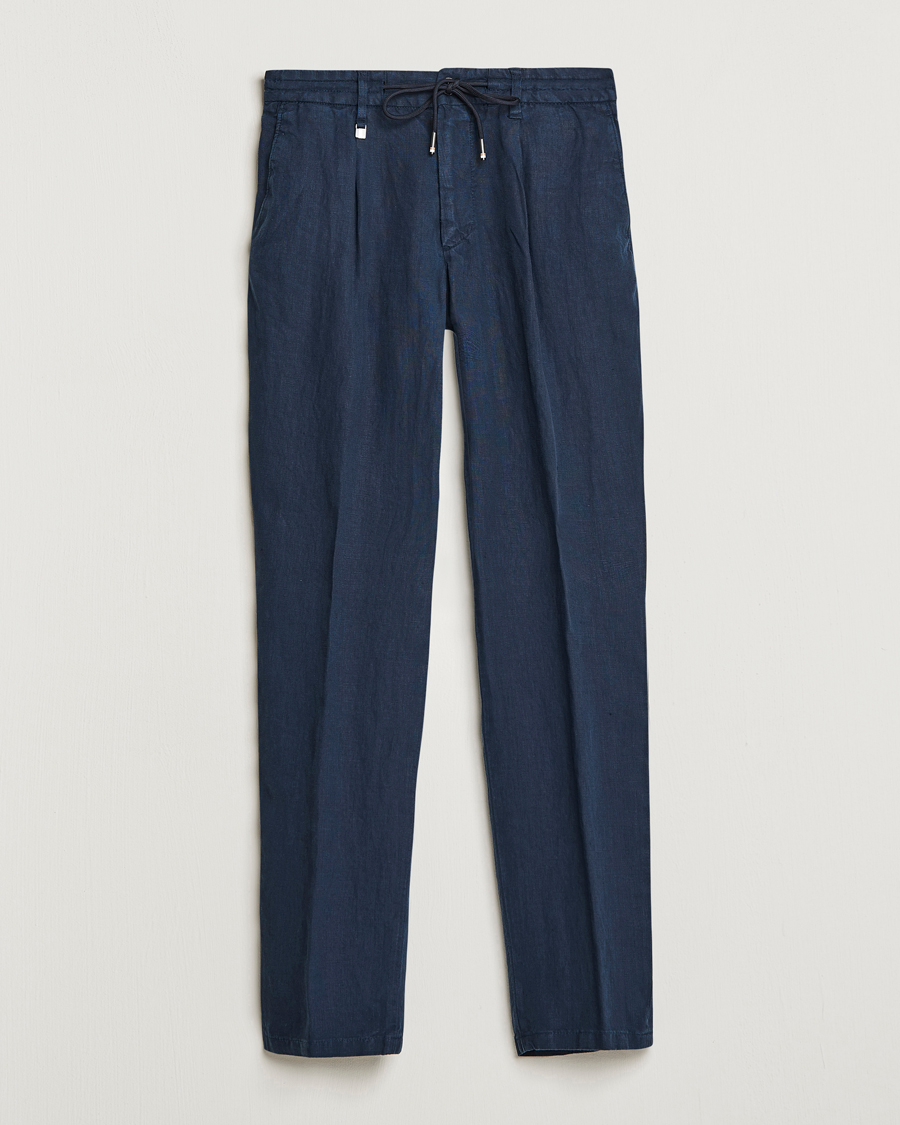 Mies | Housut | BOSS BLACK | Genius Pleated Linen Drawstring Trousers Dark Blue