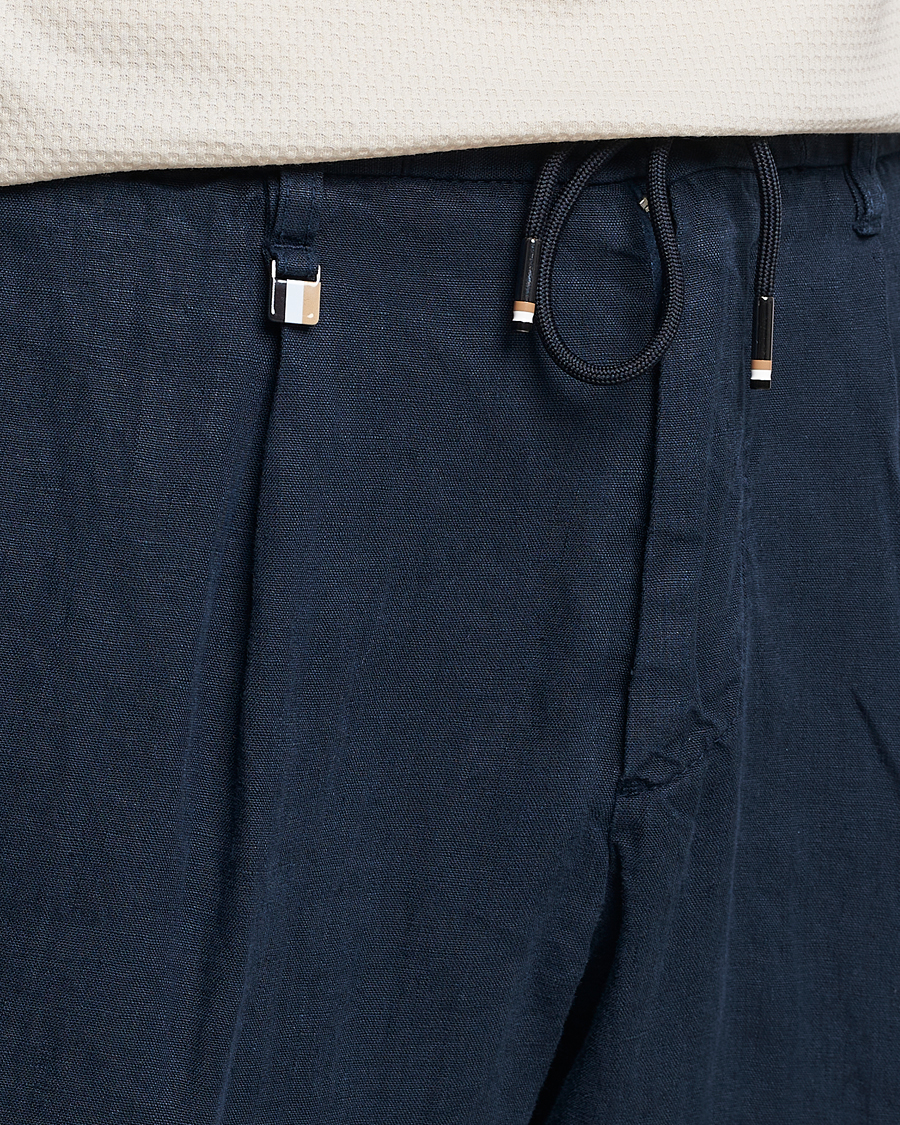 Mies | Housut | BOSS BLACK | Genius Pleated Linen Drawstring Trousers Dark Blue