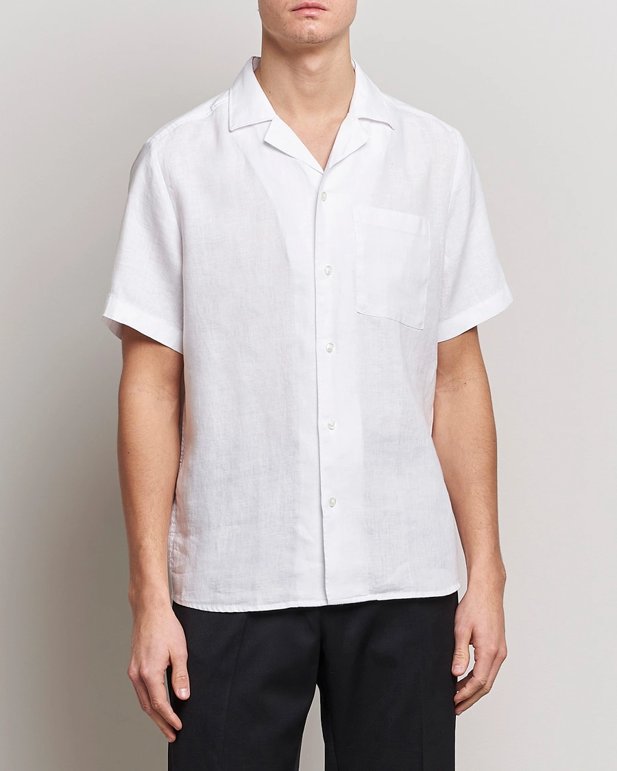 Mies |  | HUGO | Ellino Linen Resort Collar Short Sleeve Shirt White