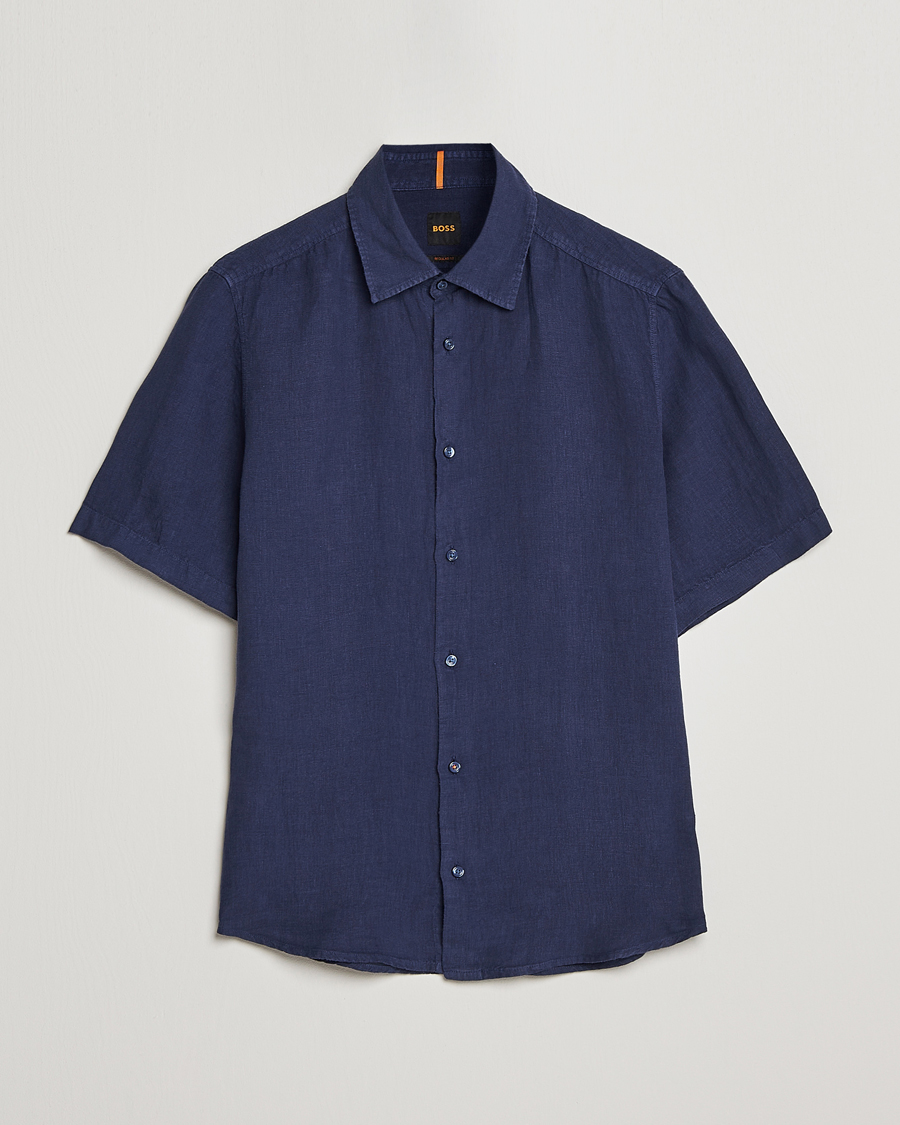 Mies | Kauluspaidat | BOSS ORANGE | Rash Linen Short Sleeve Shirt Navy