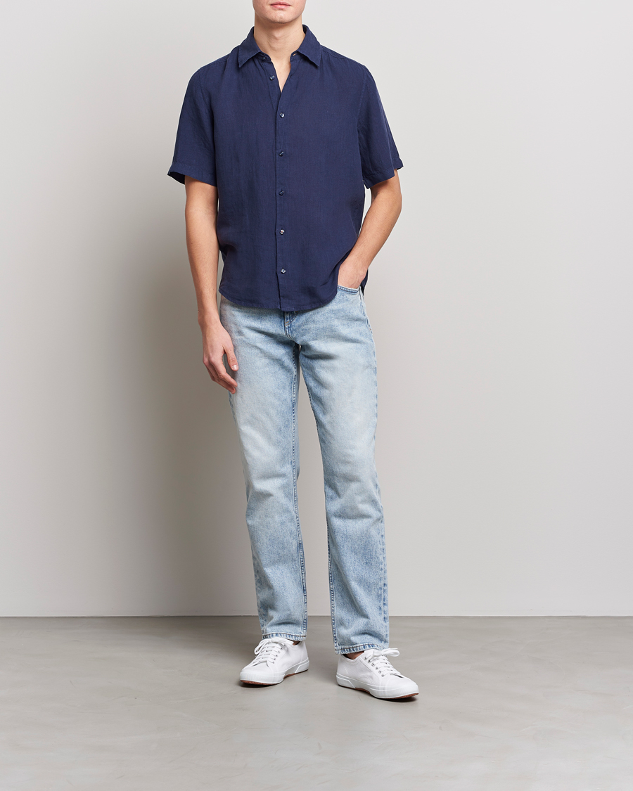 Mies | Kauluspaidat | BOSS ORANGE | Rash Linen Short Sleeve Shirt Navy